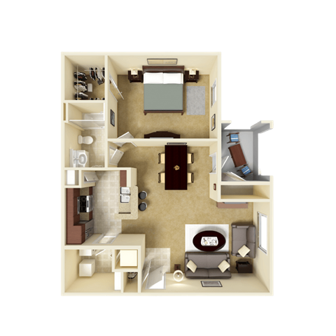 Floor plan for 1 bed, 1 bath, 834 sqft